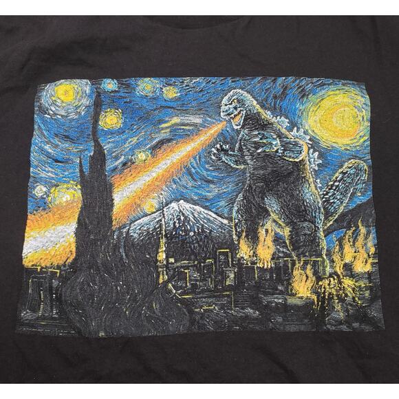 BLACK GODZILLA VINCENT VAN GOGH STARRY NIGHT ON FIRE COTTON T-SHIRT SIZE LARGE - Picture 3 of 4
